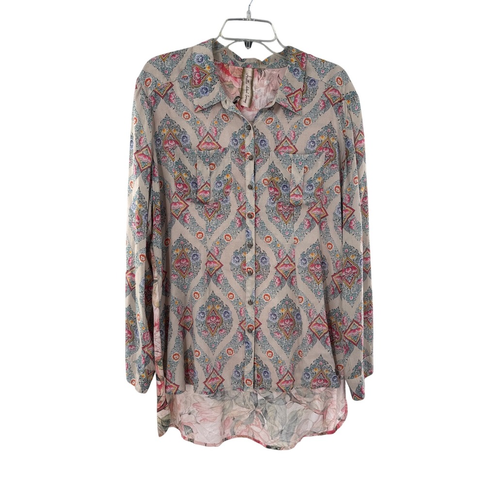 Aratta Silent Journey Floral Embroidered Button Down Shirt Tan Pink L high low